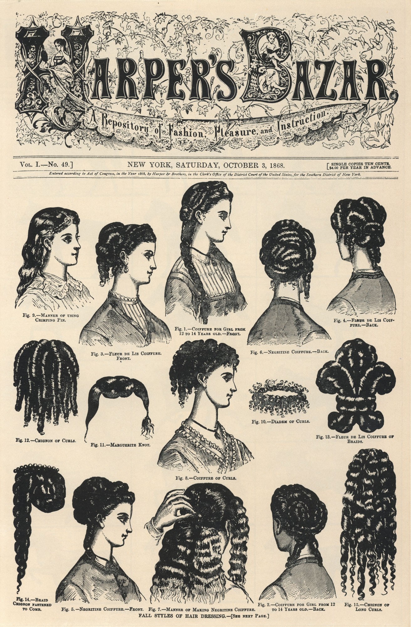 Schwarz-weiß-Bilder von Frauen mit verschiedenen Frisuren aus Harper's Bazaar, begleitet von Text auf einem zerknitterten Papierhintergrund.