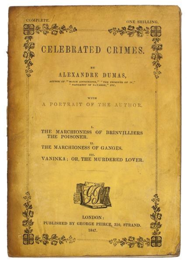 Ein altes Buch namens "Berühmte Verbrechen" von Alexandre Dumas, mit einem Porträt des Autors und verzierten Designs auf dem Cover.