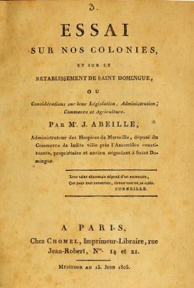 Titelblatt eines alten Buches namens "Essai sur nos Colonies, et sur l'Établissement de Saint-Domingue", wahrscheinlich eine Sammlung von Essays zur französischen Kolonialgeschichte und Saint-Domingue.