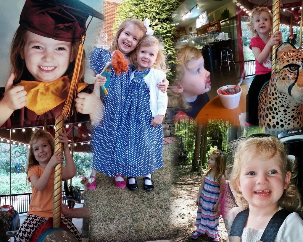 Collage mit lustigen Fahrgeschäften, Kindern an einem Tisch mit Speisen, Besteck, umgebender Vegetation und dekorativen Elementen.