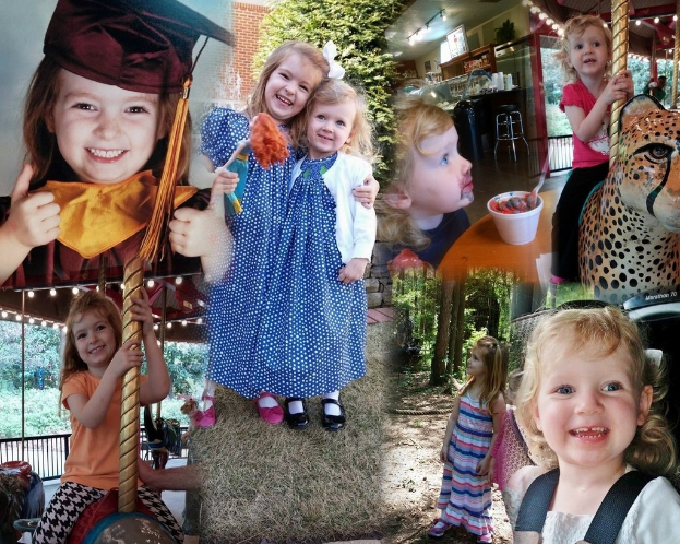 Collage mit lustigen Fahrgeschäften, Kindern an einem Tisch mit Speisen, Besteck, umgebender Vegetation und dekorativen Elementen.