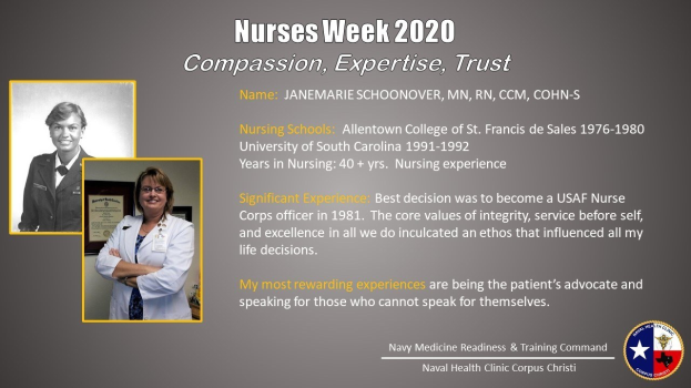 Plakat zur Nurses Week 2020 mit zwei Nurse-Fotos links und dem Text "Mitgefühl, Expertise, Vertrauen" rechts sowie einem Logo in der rechten unteren Ecke.