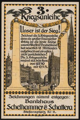 Alte deutsche Propagandaplakat für die 3. Reichsbanleihe in einem Fotorahmen, das eine Stadtlandschaft mit Gebäuden, Menschen und Text zeigt.