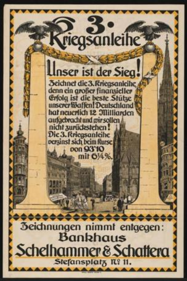 Alte deutsche Propagandaplakat für die 3. Reichsbanleihe in einem Fotorahmen, das eine Stadtlandschaft mit Gebäuden, Menschen und Text zeigt.