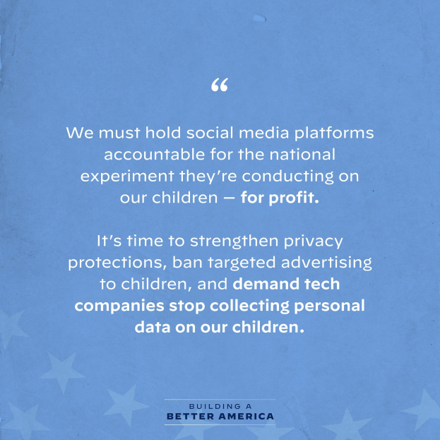 Plakat mit einem Zitat aus Building a Better America, das fordert, dass soziale Medien für das Experimentieren an Kindern zur Gewinnmaximierung zur Rechenschaft gezogen werden, dekoriert mit Sternen.