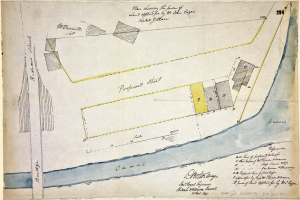 Detailierte Kartenskizze auf Papier mit Textanmerkungen, die Straßen, Gebäude und Landmarken eines geplanten Standorts zeigen.