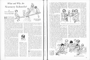 Ein aufgeschlagenes Buch mit einer Zeichnung von Kindern, die in einem Kindergarten spielen, begleitet von Text, Bildern der Kinder und einer Tabelle mit verschiedenen Gegenständen.