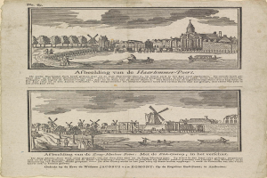 Ein altes Buch mit einer Zeichnung einer Stadtansicht, die Gebäude, Bäume, Menschen, Schiffe und Windmühlen zeigt, begleitet von beschreibendem Text.