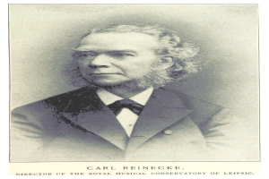 Schwarzes und weißes Porträt von Carl Reinecke, dem Direktor des Königlichen Musik-Konservatoriums Leipzig, der einen Anzug trägt, mit Text unten im Bild.