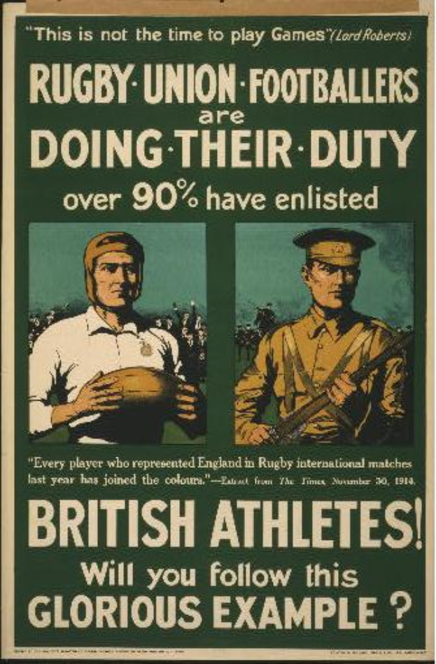 Ein Vintage-Plakat mit zwei Rugby-Union-Fußballern, das ihre Einberufung in den Dienst bewirbt und darauf hinweist, dass über 90 % der britischen Athleten eingezogen sind.