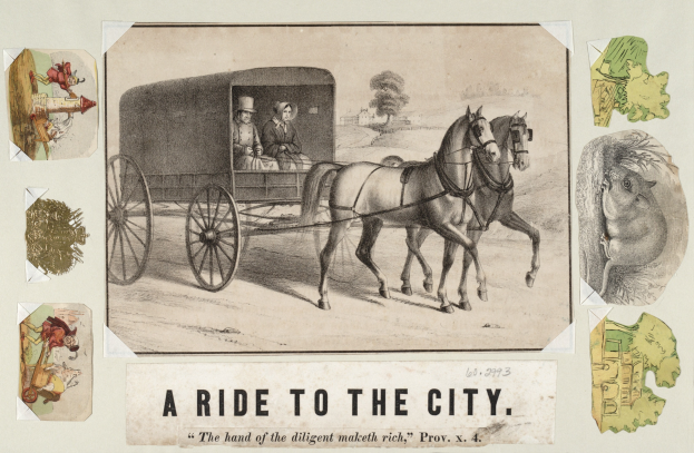 Pferdewagen mit zwei Passagieren, umgeben von Bäumen, mit dem Text "eine Fahrt in die Stadt" unten.