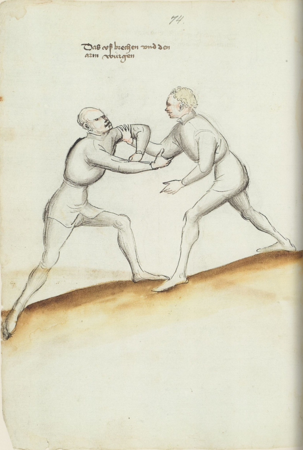 Zwei Männer in einer physischen Auseinandersetzung, einer wirft einen Schlag auf den anderen, der auf einem Blatt Papier mit Text steht.