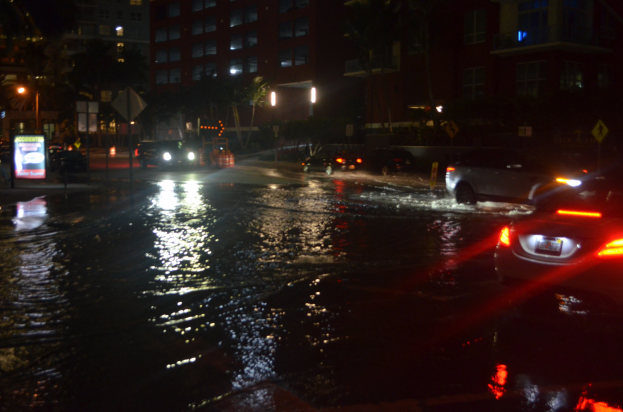 Flutstraße bei Nacht mit fahrenden Fahrzeugen, Gebäuden, Bäumen, Laternen, Verkehrsschildern und einem sichtbaren Schild.