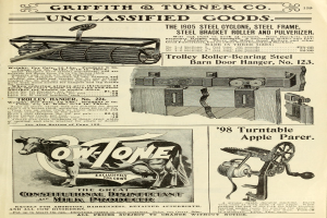 Eine alte Werbung mit einer zentralen Kuh, einer Maschine links und rechts davon, mit fetter Schrift und einem dekorativen Rahmen.