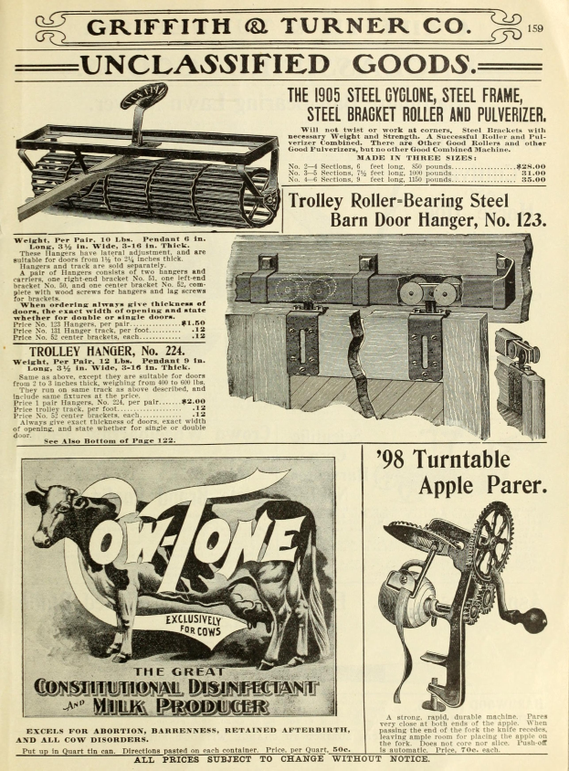 Eine alte Werbung mit einer zentralen Kuh, einer Maschine links und rechts davon, mit fetter Schrift und einem dekorativen Rahmen.