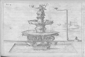 Ein Blatt zeigt eine Zeichnung eines Brunnens mit Rädern, Wasser, einer Statue, einem Pfahl, einem Wasserstrahl und Gebäuden im Hintergrund.