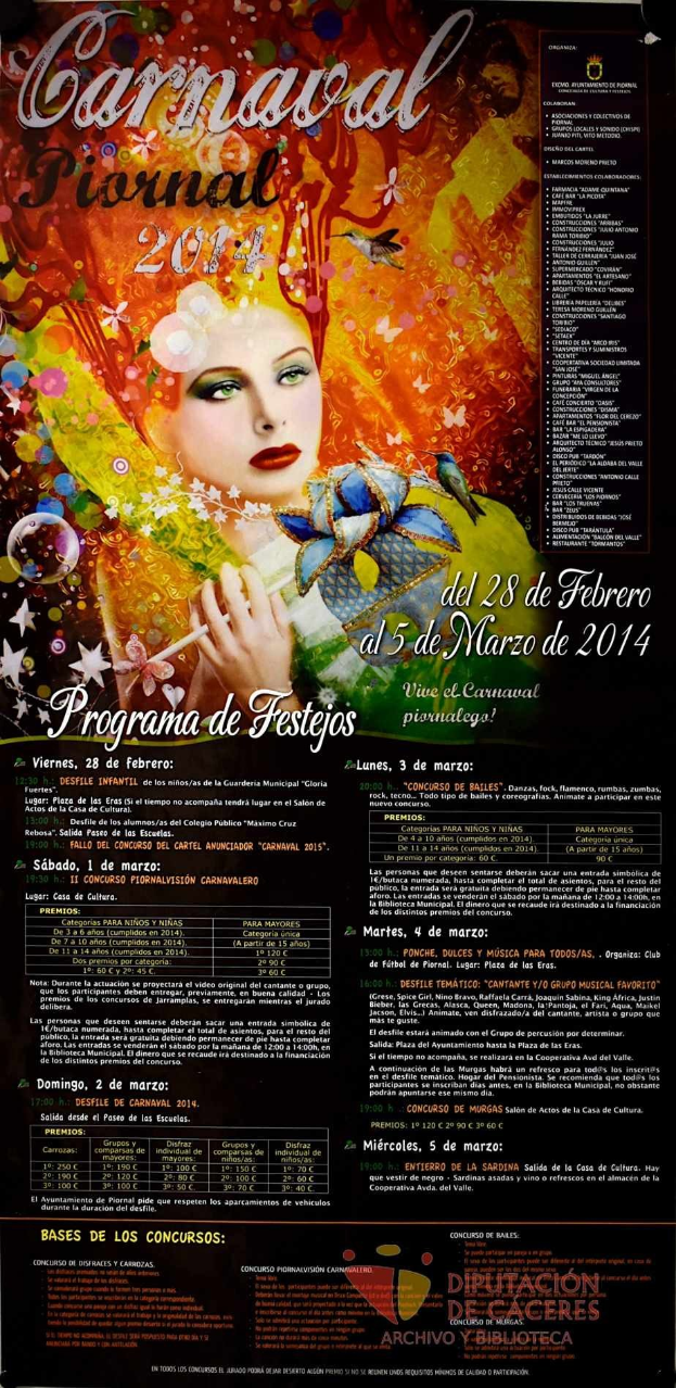 Plakat für das Karnevalsfest 2014 mit einer lachenden Frau in einem bunten Kleid vor einem gelben Hintergrund und fetter schwarzer Schrift.