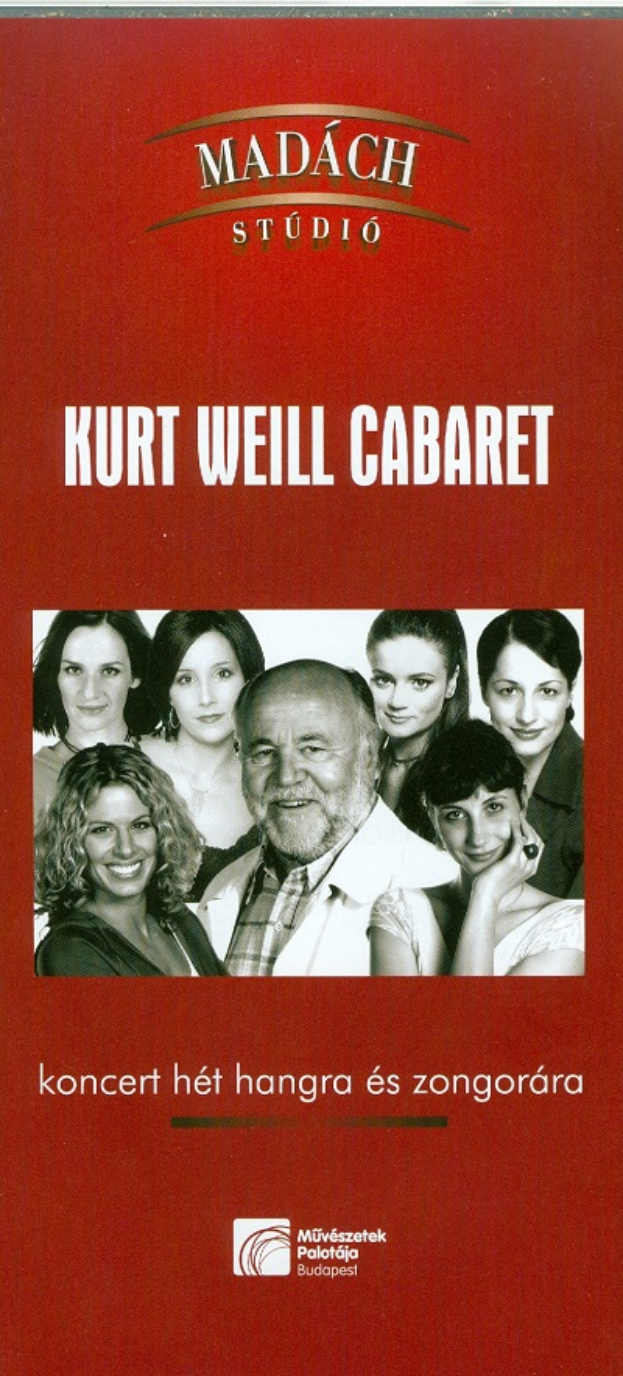 Plakat für das Kurt-Weill-Cabaret-Konzert, das eine zentrale menschliche Gesichtsfläche zeigt, umgeben von einer Gruppe von Menschen, mit Text, der wahrscheinlich den Konzerttitel angibt.