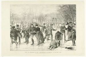 Menschen beim Eislaufen auf einer Eisbahn in einem Park mit Bäumen und einer Brücke im Hintergrund, mit Text unten, der "Het us-vermaak in het vondelpark op zondag 10 januari 1887" lautet.