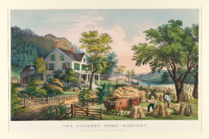 Ein Gemälde, das eine Farmszene mit einem Haus, Bäumen, Pflanzen, Gras, Tieren, einem Wagen, Menschen, einem Zaun, Wasser, Hügeln und einem bewölkten Himmel zeigt, mit dem Text "Die Ernte des Farmers zu Hause" unten.