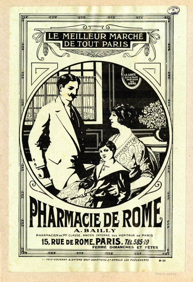 Schwarz-weißer Werbeplakat für eine Apotheke in Rom, das einen Mann und eine Frau nebeneinander zeigt, mit Text, der die Dienstleistungen beschreibt.