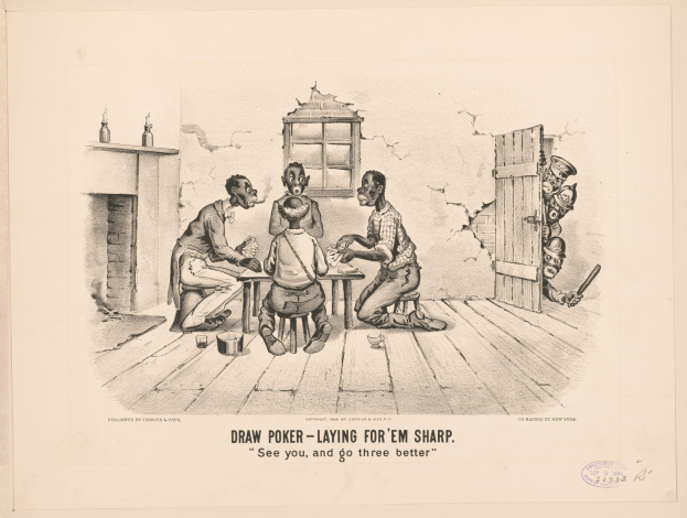 Gruppe von Menschen an einem Tisch Poker spielend mit einer Wand, einem Fenster, einer Tür und verschiedenen Gegenständen im Hintergrund und Text unten lesend "Draw Poker - Laying for 'em Sharp"