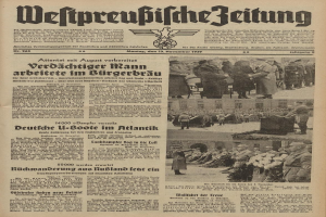 Schwarze und weiße Titelseite einer deutschen Zeitung vom 13. November 1939 mit der Überschrift "Weitpreubliche Zeitung", die eine Gruppe von Menschen in traditioneller deutscher Kleidung in einer feierlichen Umgebung zeigt.