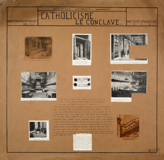 Ein Buchumschlag mit Bildern von Kircheninnenräumen, Kunstgegenständen und Texten zur Geschichte und Bedeutung der Katholischen Kirche.