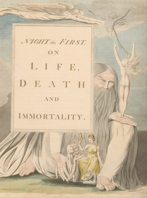 Ein Plakat mit einer leuchtenden Painting von Menschen, die in einem Kreis unter einem hellen Licht stehen, mit fetter Schrift, die 'Night the First on Life, Death and Immortality' liest.