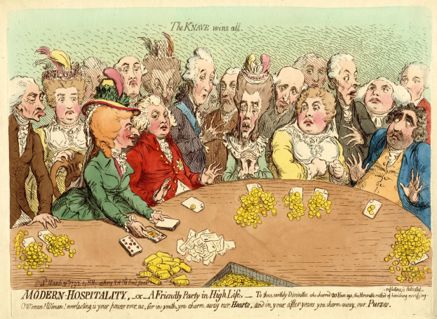 Eine Karikatur von Menschen, die um einen Tisch sitzen und Karten spielen, mit Münzen, die über die Oberfläche verstreut sind, und einem Text unten, der 'The Knave Wins All' lautet.