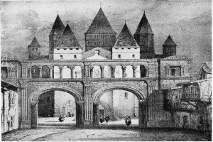 Schwarze und weiße Zeichnung einer Burg mit einem prominenten Uhrenturm im Hintergrund, umgeben von ein paar Menschen, mit der Beschriftung "Renaissance Bogen" unten.