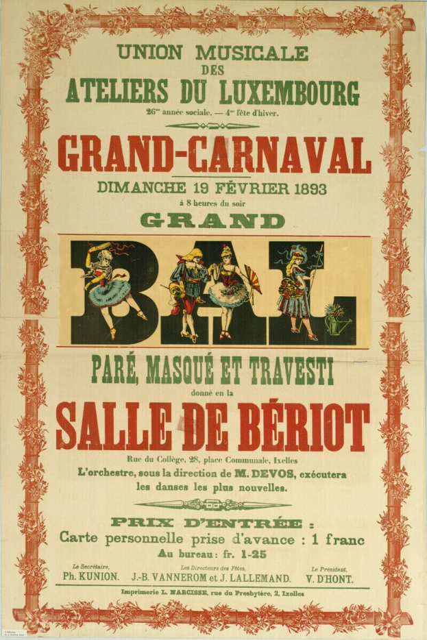 Ein Vintage-Plakat, das ein Pariser Karnevalsfest ankündigt, zeigt eine Gruppe von Menschen in traditioneller Kleidung vor einem hellgelben Hintergrund, mit einer Aufschrift 'Grand Carnival' oben.
