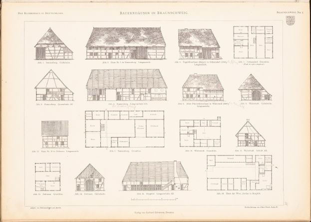 Ein offenes altes Buch zeigt architektonische Hauspläne mit detaillierten Zeichnungen und begleitendem Text.
