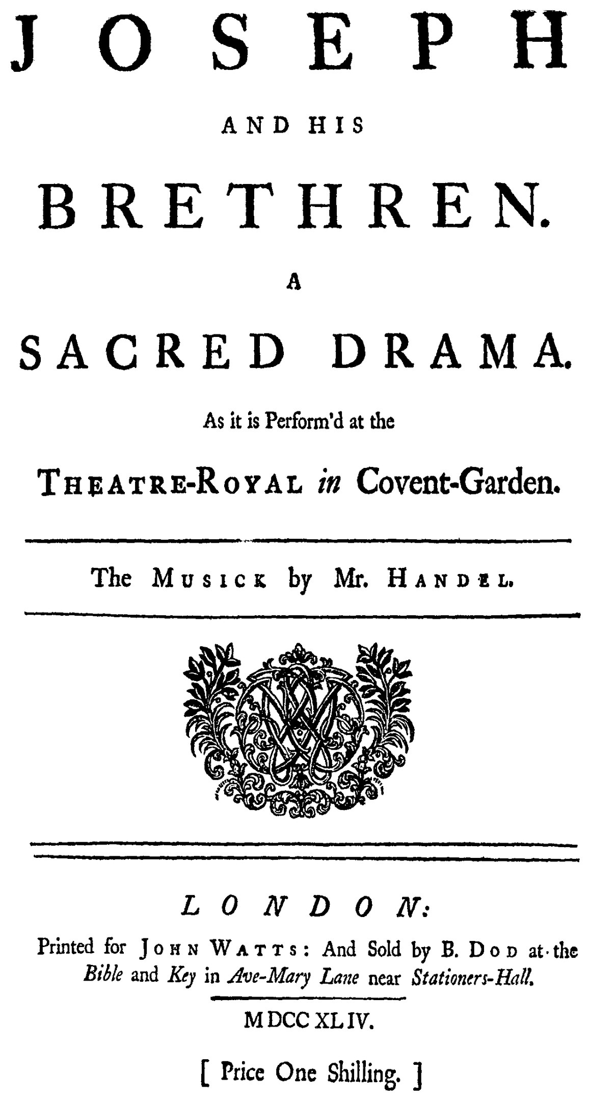 Joseph und seine Brüder führen ein heiliges Drama auf einer Bühne im Theatre Royal in Covent Garden auf, während sie auf einem Papier mit Text und einem Logo stehen.