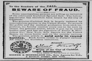 Ein schwarz-weißes Plakat mit einer Betrugswarnung, das den Text "Carlsbad Spruud Salt" und ein Firmenlogo enthält.