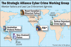 Ein Plakat mit einer farbcodierten Karte der Strategic Alliance Cyber Crime Working Group, umgeben von Logos und Namen beteiligter Organisationen in fetter schwarzer Schrift.