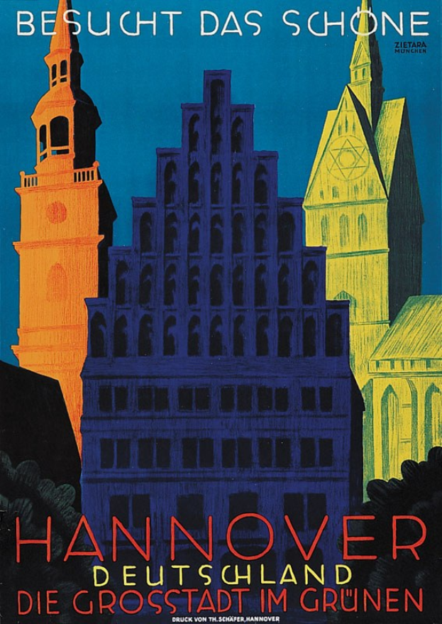 Plakat, das Hannover, Deutschland, mit Bildern von Gebäuden und Bäumen und Texten zur Stadtinformation bewirbt.