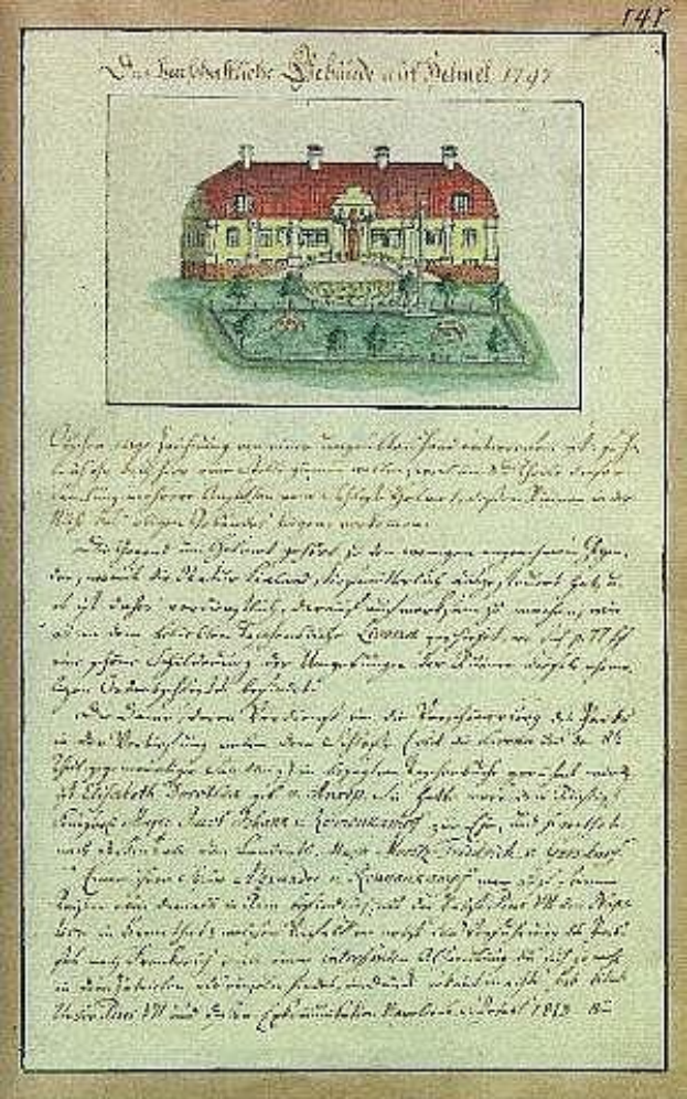 Ein historisches Dokument aus dem Jahr 1797 mit einer detaillierten Zeichnung eines weißen Hauses mit rotem Dach, signiert von der Schleswig-Holstein-Schule Delmar in Deutschland, mit Text, der wahrscheinlich die Geschichte der Schule beschreibt.