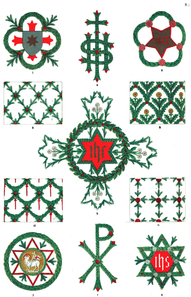 Ein Buchseite mit verschiedenen kunstvoll gestalteten Weihnachtskränzen mit einzigartigen Mustern und festlicher Schrift in einer Feiertagsschrift.