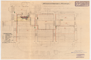 Schwarz-weißer Architekturplan des Rosenhof-Krankenhauses in Hamburg, Deutschland, der detaillierte Layouts mit zahlreichen Drähten, Räumen, Fluren und Textanmerkungen auf altem Papier zeigt.