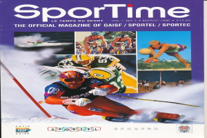 Ein Magazinumschlag mit der Aufschrift "Sporttime Magazine - März 1996", der Bilder von Menschen beim Skifahren und Snowboarden zeigt, zusammen mit Text und Logos.
