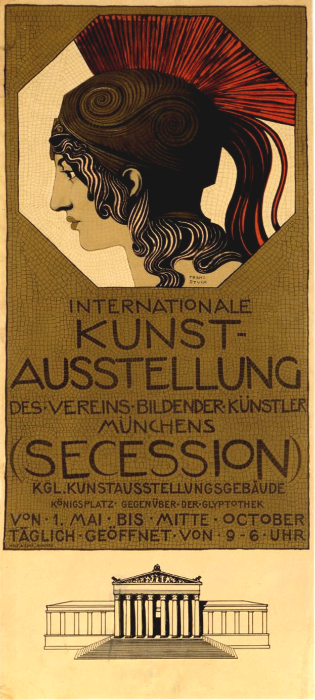 Ein Plakat für die Internationale Kunstausstellung in München, Deutschland, das eine Frau mit einem menschlichen Gesicht in der Mitte zeigt und Text, der Informationen zum Event enthält.