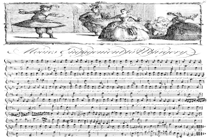 Eine Schwarz-Weiß-Zeichnung von Menschen in historischer Kleidung, die um ein Blatt Musik mit der Aufschrift 'Moores Engagement zur Chirurgie' tanzen, mit Noten, die darum herum angeordnet sind.