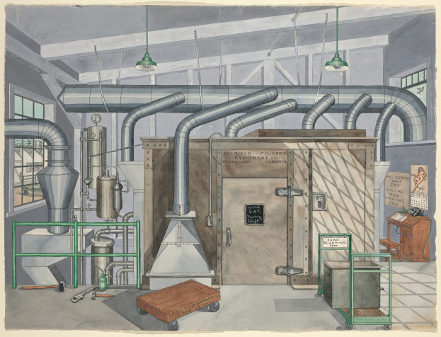 Ein detailliertes Zeichnung eines industriellen Fabrikinneren mit einer zentralen großen Maschine, umgeben von verschiedenen Geräten, einem Wagen, Möbeln, einer Tafel mit der Aufschrift "American Foundry Equipment Co, Indiana".