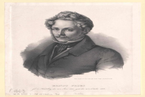 Schwarz-weiß-Porträt von Ernst Frühls, einem deutschen Komponisten und Pianisten, der einen Anzug trägt und einen Schnurrbart hat, mit ernstem Gesichtsausdruck und deutschem Text unten.