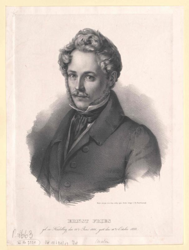 Schwarz-weiß-Porträt von Ernst Frühls, einem deutschen Komponisten und Pianisten, der einen Anzug trägt und einen Schnurrbart hat, mit ernstem Gesichtsausdruck und deutschem Text unten.