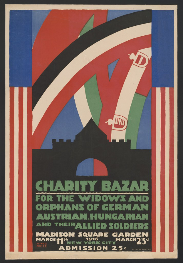 Charity-Bazaar-Plakat für Witwen und Waisen deutscher, australischer, ungarischer und alliierter Soldaten mit Ereignisinformationen im Text.