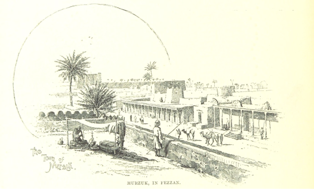 Eine Zeichnung einer Stadt mit Menschen, Tieren, Bäumen, Gebäuden und Text unten.