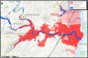 Eine Karte von New York City mit einem roten und blauen Farbschema, das die vorgeschlagenen Hochrisikogebiete anzeigt, einschließlich Textdetails zum Hochrisiko.