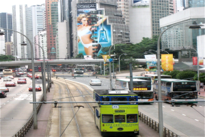 Eine belebte Stadtstraße mit Doppeldeckerbussen, Autos und anderen Fahrzeugen, mit Pfählen, Laternen, Schildern, Bannern, Bäumen, einer Brücke, hohen Gebäuden und einem klaren blauen Himmel, mit Text am unteren Rand.